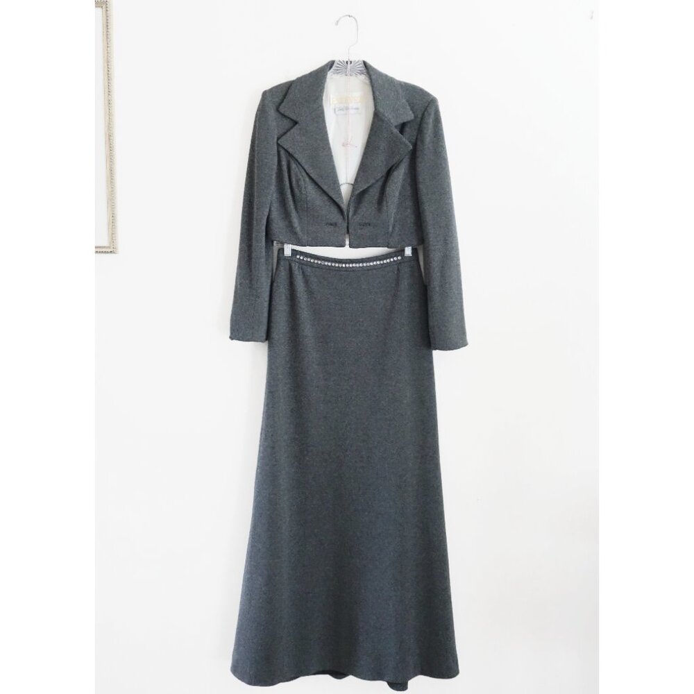 Vtg 70s Estevez Saks Fifth Grey Knit Short Bolero Jacket Maxi Skirt Suit Set 2 S